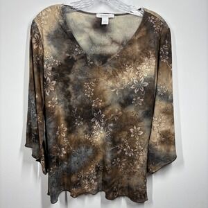 VTG Dress Barn Women's Sparkle Floral Top Size L Brown Forest Fairy Bell Sleeves
